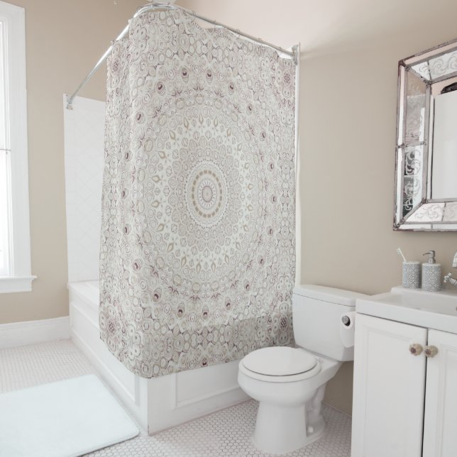 Rideaux De Douche Conception de motif mandala beige et taupe (En situation)