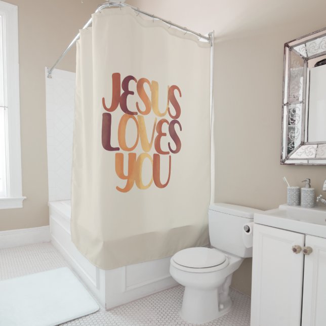 Rideaux De Douche Conception de typographie chrétienne Jésus aime  (En situation)