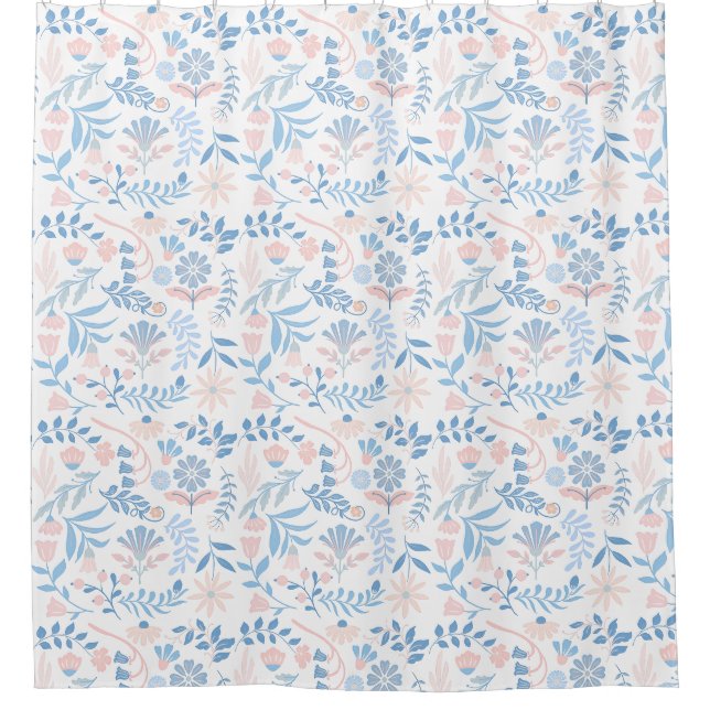 Rideaux De Douche Conception florale boho impression bloc bleu rose  (Devant)