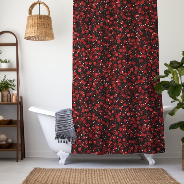 Rideaux De Douche Confettis rouges élégants sur fond noir pailleté (Créateur téléchargé)