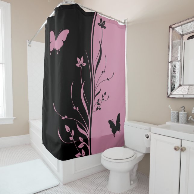 Rideaux De Douche Contemporain frappant Noir et cashmere rose rose (En situation)
