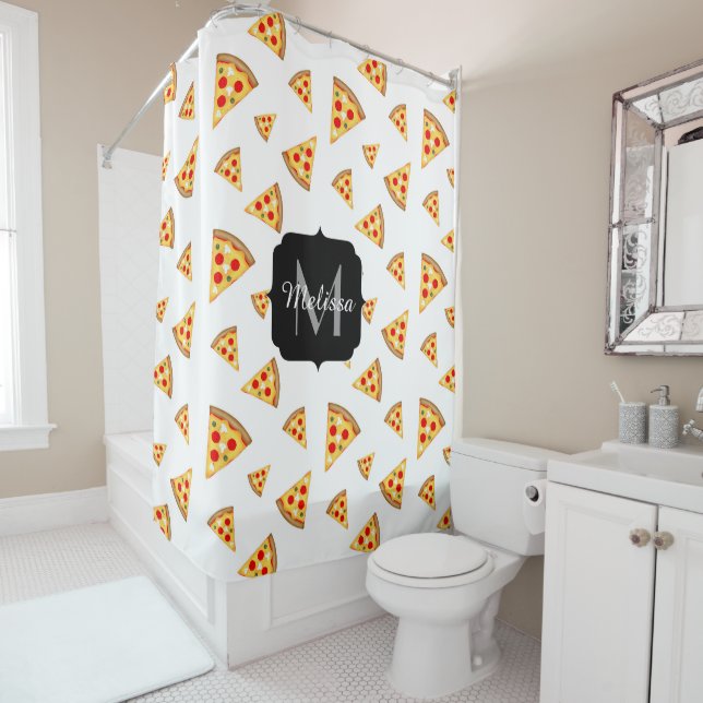Rideaux De Douche Cool et fun pizza tranches motif Monogram blanc (En situation)