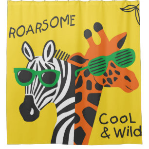 Rideaux De Douche Cool zèbre et girafe portant des lunettes sur jaun