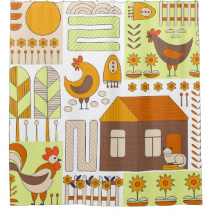 Rideaux De Douche Coq, poules, dessin géométrique floral.