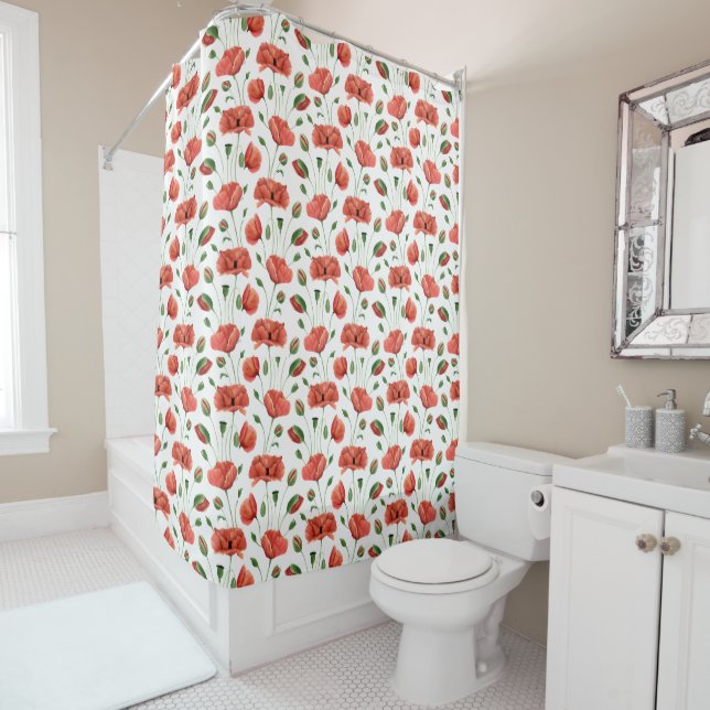 Rideaux De Douche Coquelicot Aquarelle Fleur Sauvage (En situation)