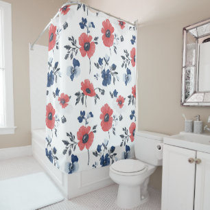 Rideaux De Douche Coquelicot de corail Navy Blue Floral Botanique