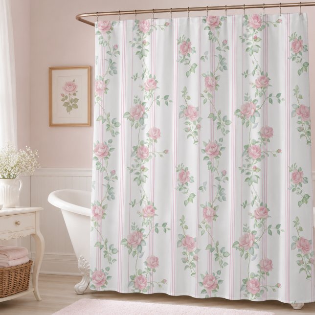 Rideaux De Douche Coquette Florale Rose (elegant shabby chic girly pale pink floral coquette rose stripe shower curtain)