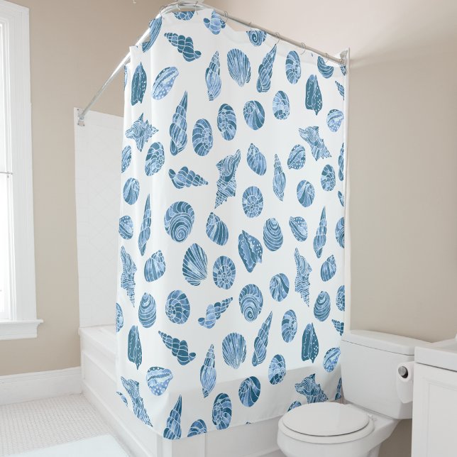 Rideaux De Douche Coquillage Aquarelle Naissance Côtière Bleue (Créateur téléchargé)