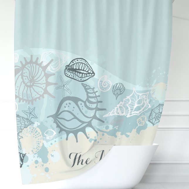 Rideaux De Douche Coquillages et Sable Monogramme de Plage (Créateur téléchargé)