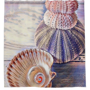 Rideaux De Douche Coquillages violets roses sur aquarelle en bois