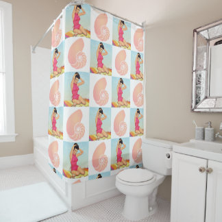 Rideaux De Douche Coquilles de pin-up vintages de fille et de mer