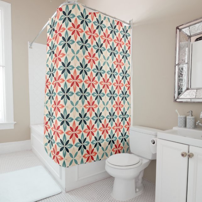 Rideaux De Douche Corail et géométrie Turquoise (En situation)