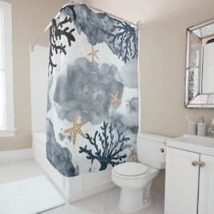Rideaux De Douche Corail Nautique Bleu Aquarelle Élégant Été