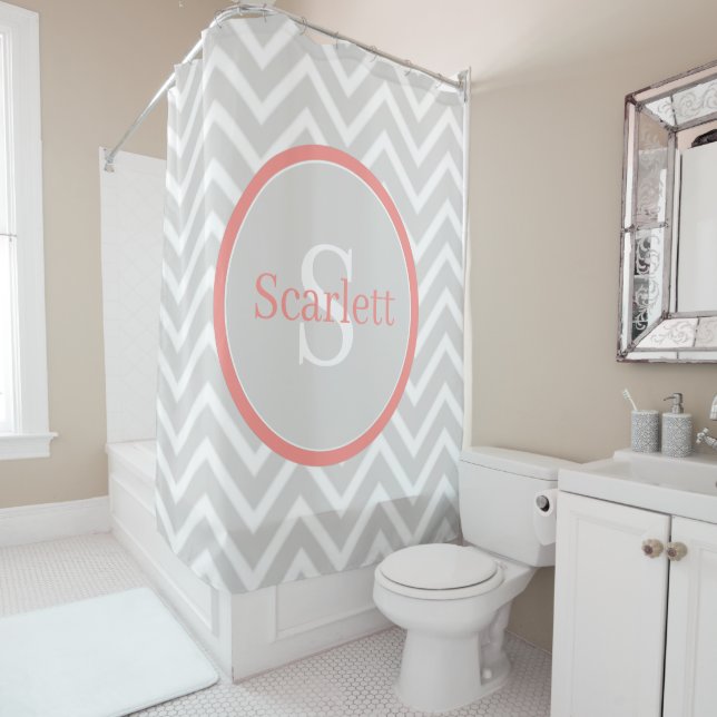 Rideaux De Douche Coral Chevron Monogramme (En situation)