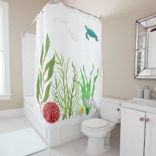 Rideaux De Douche Coraux de verdure à l'aquarelle Poisson de l'océan