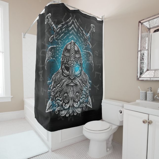 Rideaux De Douche Corbeaux d'Odin Mythologie Viking Valhalla attend (En situation)