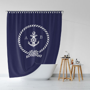 Rideaux De Douche Corde marine bleue et monogramme Ancre