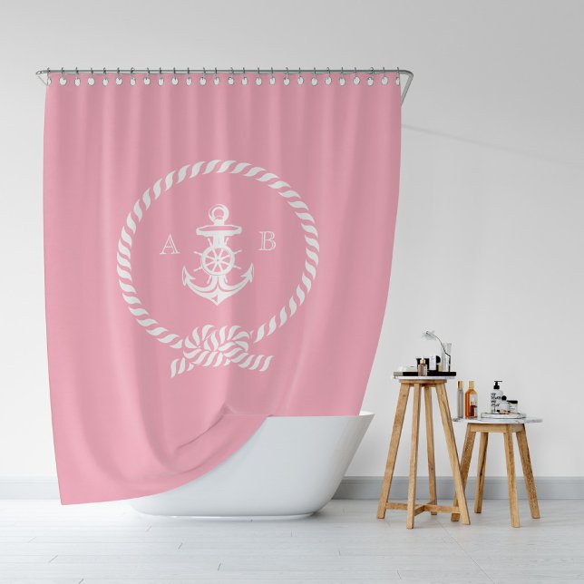 Rideaux De Douche Corde marine rose et monogramme Ancre (Créateur téléchargé)