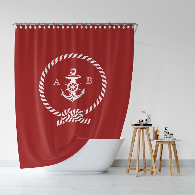 Rideaux De Douche Corde marine rouge et monogramme Ancre (Créateur téléchargé)