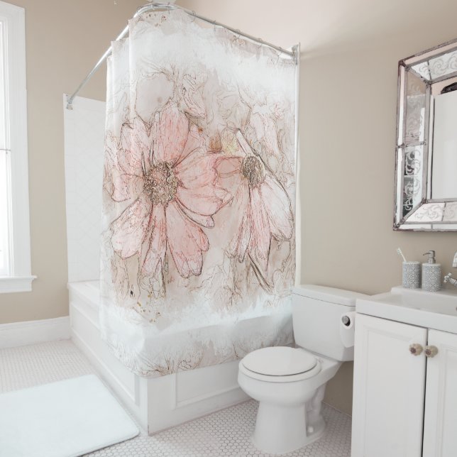 Rideaux De Douche Coréopsis Floral Aquarelle Bleu rose ID712 (En situation)