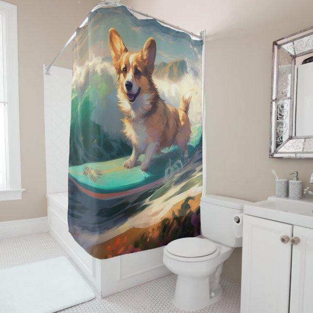 Rideaux De Douche Corgi Beach Surf Peinture (En situation)
