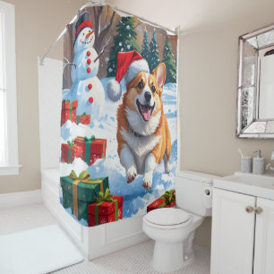 Rideaux De Douche Corgi courant dans la neige avec un chapeau de Noë