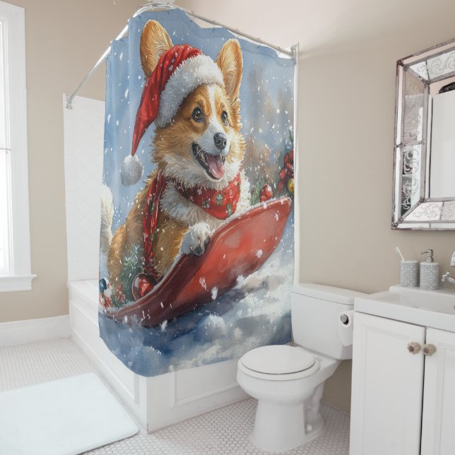 Rideaux De Douche Corgi Dog in Sledge laissez passer Noël (En situation)