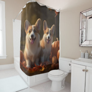 Rideaux De Douche Corgi Puppy Automne Citrouille de plaisir