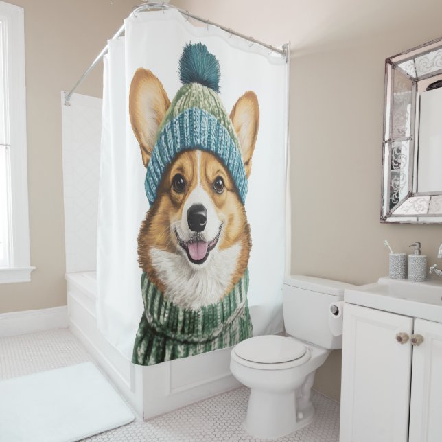 Rideaux De Douche Cosy Corgi en hiver (En situation)
