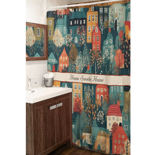 Rideaux De Douche Cosy Hygge Village Nordic Folk Art, personnalisé