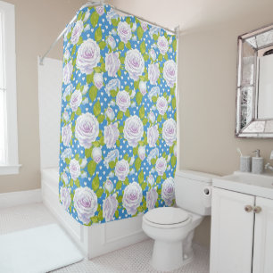 Rideaux De Douche Cottagecore Vintage Fleurs de Rose Points Bleus
