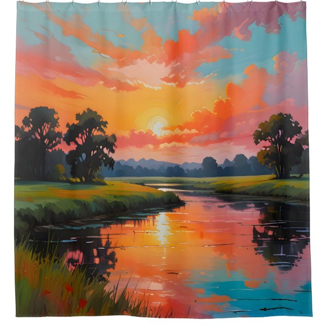 Rideaux De Douche Coucher de soleil au bord de la rivière (Devant)