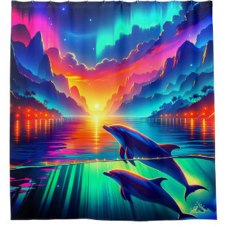 Rideaux De Douche "Coucher de soleil pour dauphin Aurora - Art océan
