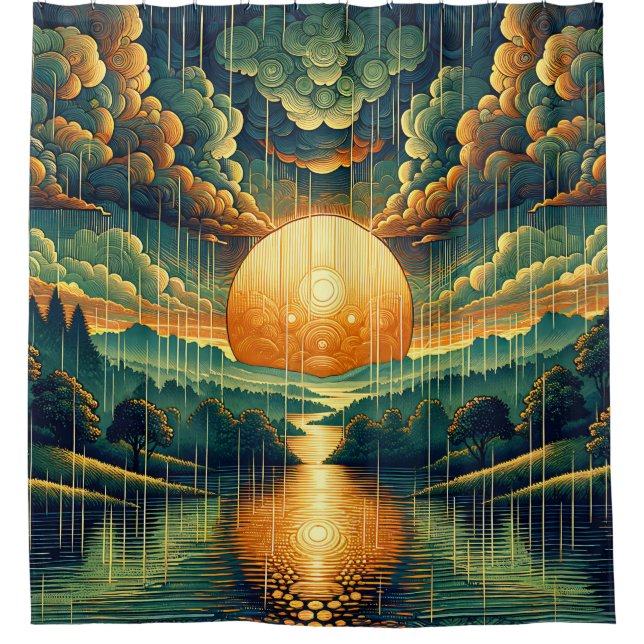 Rideaux De Douche "Coucher de soleil stylisé avec reflets vert et or (Devant)