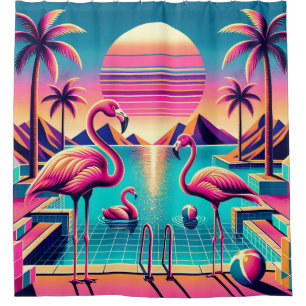 Rideaux De Douche "Coucher de soleil sur la piscine de Flamant rose