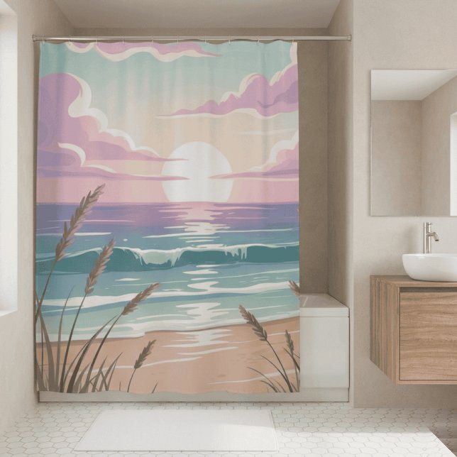 Rideaux De Douche Coucher de soleil sur la plage côtière Aquarelle P (Serene pastel ocean horizon landscape)