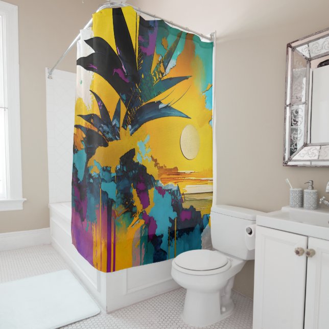 Rideaux De Douche Coucher de soleil tropical – Art côtier abstrait (En situation)
