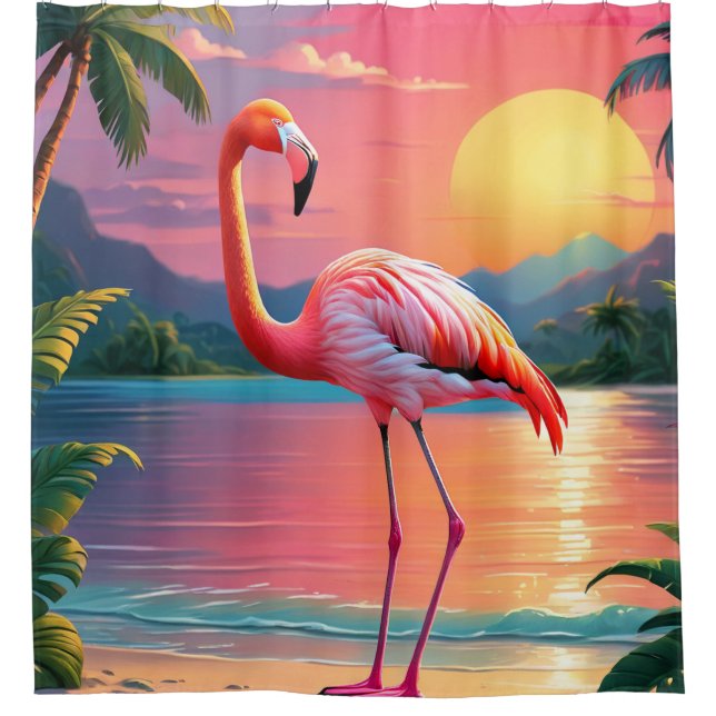 Rideaux De Douche Coucher de soleil tropical flamant rose plage  (Devant)