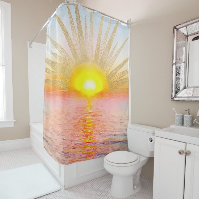 Rideaux De Douche Coucher d'or Soleil Mandala Aquarelle Mer (En situation)