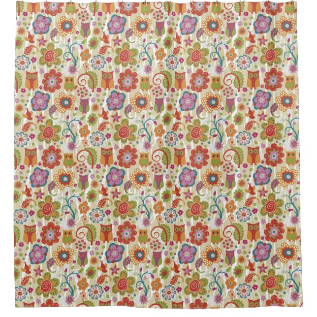 Rideaux De Douche Couleur florale et hibou (Devant)