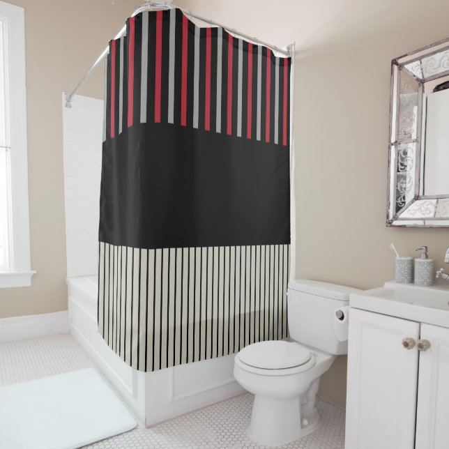 Rideaux De Douche Couleur Pop Stripes-Rouge, Gris, Noir et Bone Blan (En situation)