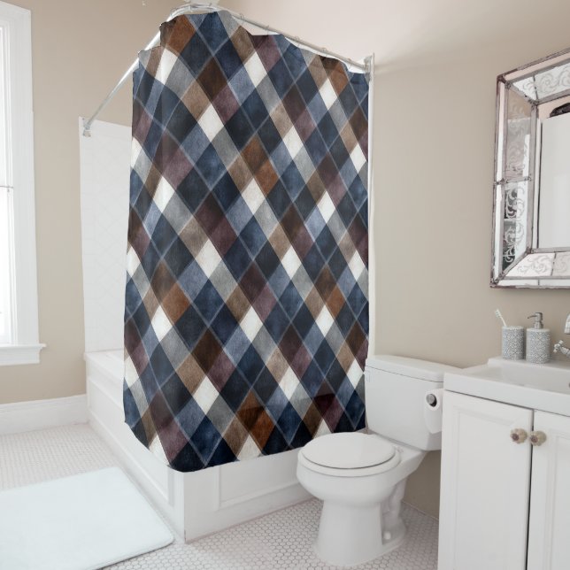 Rideaux De Douche Country Blue Red White Grey Squares   (En situation)
