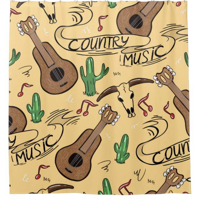 Rideaux De Douche Country music seamless pattern with guitars, cacti (Devant)