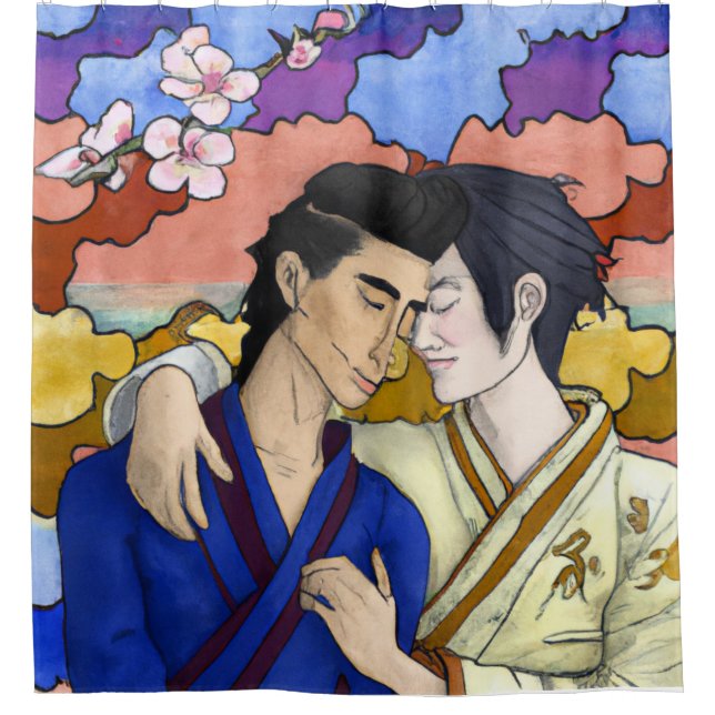 Rideaux De Douche Couple Gay Dans Le Style De L'Art Japonais Ukiyo-e (Devant)