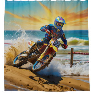 Rideaux De Douche Coureur de motocross sur une course de plage