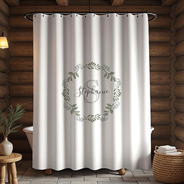 Rideaux De Douche Couronne botanique de verdure sage avec monogramme (Créateur téléchargé)