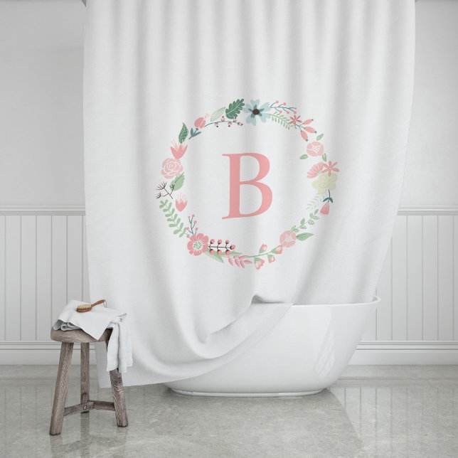 Rideaux De Douche Couronne florale rose monogramme (Créateur téléchargé)
