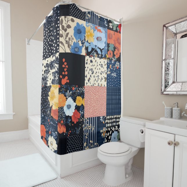 Rideaux De Douche Courte classique patchwork - Botaniques audacieuse (En situation)