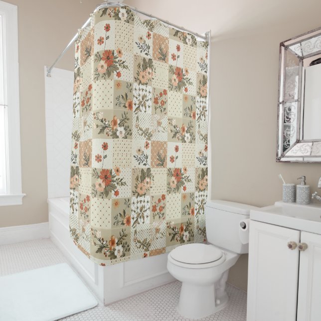 Rideaux De Douche Courtepoint Patchwork Beige Floral Rétro Rustique (En situation)