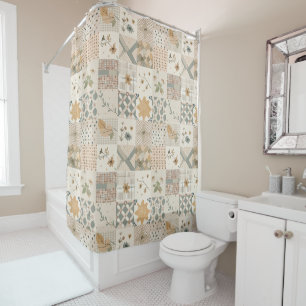 Rideaux De Douche Courtepoint Patchwork Beige Floral Rustique Rétro